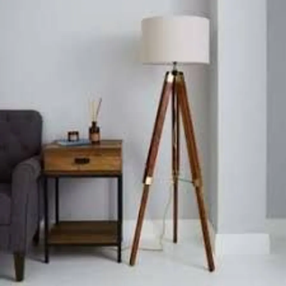 BOXED DUNELM TRIO WOODEN TRIPOD FLOOR LAMP - DARK WOOD/BRASS (1 BOX)