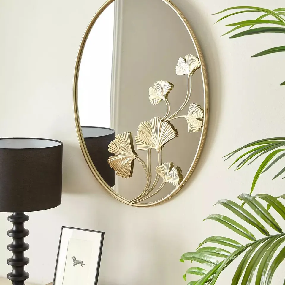 BOXED GOLD GINGKO OVAL MIRROR 50X70CM - COLLECTION ONLY