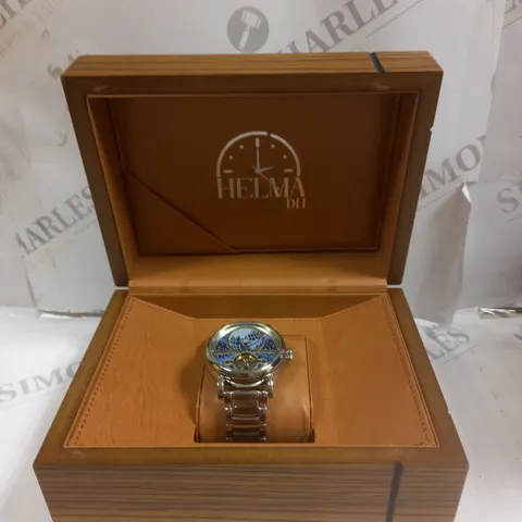 MENβS HELMA DH AUTOMATIC WORLD VIEW WATCH β TOURBILLON MOVEMENT β BLUE DIAL β STAINLESS STEEL STRAP β GLASS EXHIBITION BACK CASE β LEATHER STRAP INCLUDED