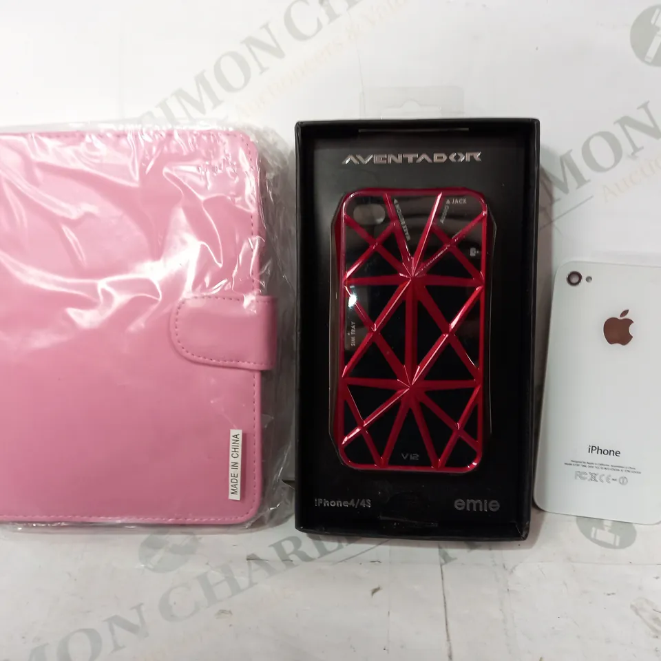 BOX OF APPROXIATELY 30 ASSORTED HOUSEHOLD ITEMS TO INCLUDE IPHONE BACK IN WHITE, EMIE AVENTADOR IPHONE 4/4S CASE, ETC