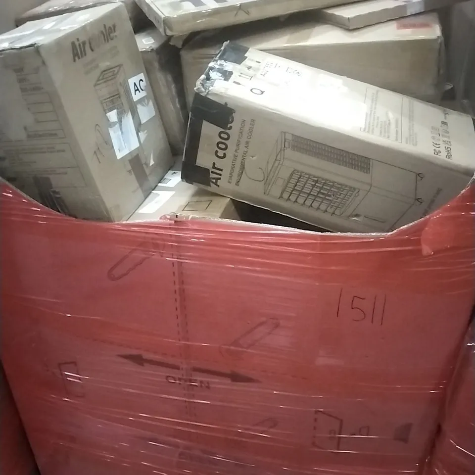 PALLET OF ASSORTED HOUSEHOLD GOODS AND PRODUCTS TO INCLUDE; TV WALL MOUNT, AIR COOLERS, PROFESSIONAL BLENDER, BOXED FURNITURE ETC