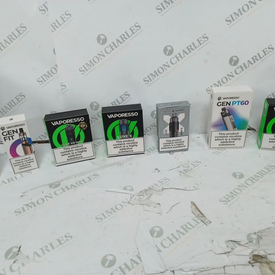 APPROXIMATELY 10 BOXED E-CIGARETTES TO INCLUDE VAPORESSO GEN PT60, VAPORESSO LUXE XR MAX, AND ASPIRE POCKEX KIT ETC. 