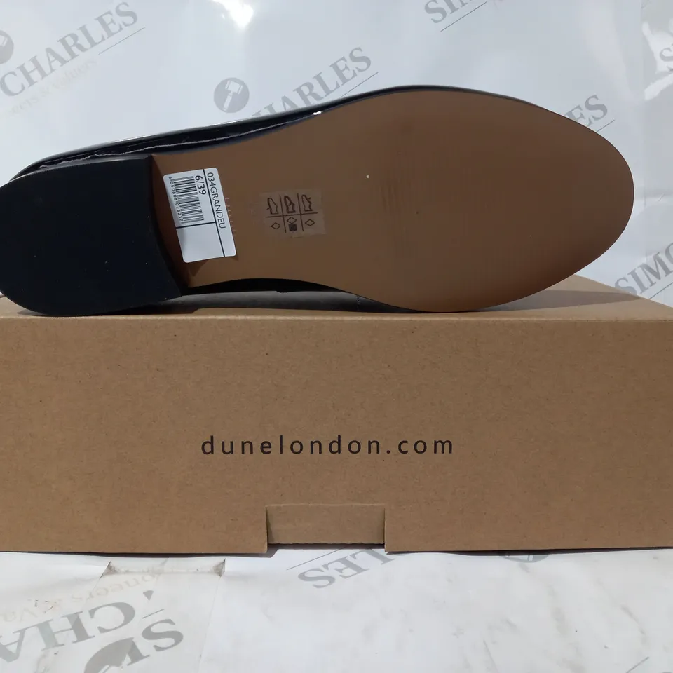 BOXED PAIR OF DUNE LONDON LOAFERS IN GLOSSY BLACK SIZE 6