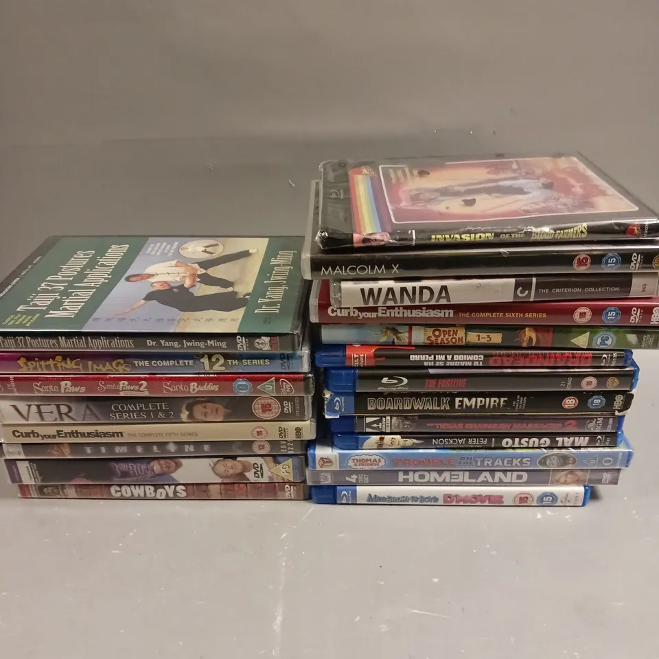 APPROXIMATELY 20 ASSORTED DVD/BLU-RAYS TO INCLUDE SPITTING IMAGE, TIMELINE, MALCOLM X ETC 