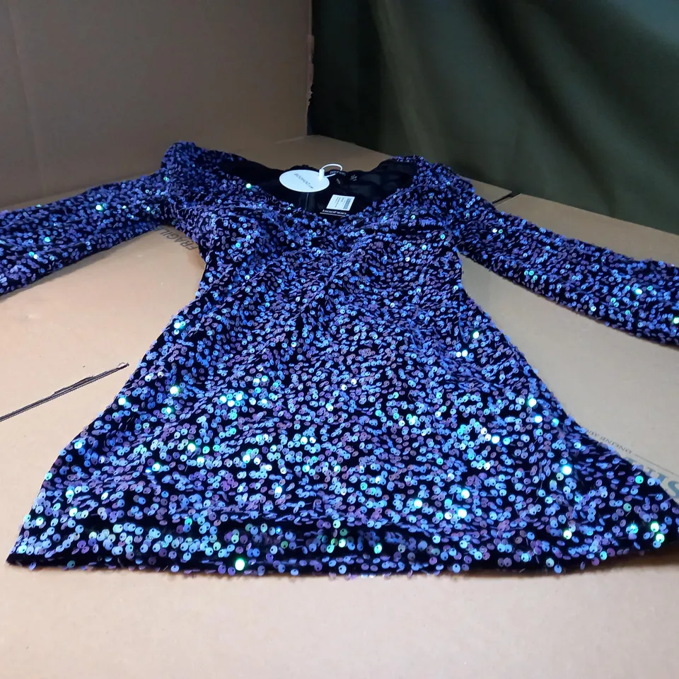 BOOHOO BLUE/SEQUIN BALLOON SLEEVE PLUNGE MINI DRESS - SIZE 12/TALL
