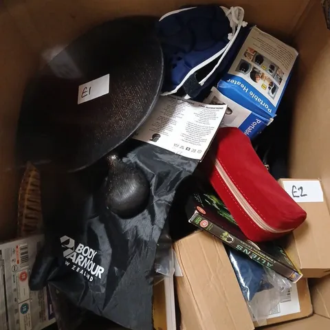 LARGE BOX OF APPROX 25 ASSORTED ITEMS TO INCLUDE DVDS , RUGBY CAP AND PORTABLE HEATER