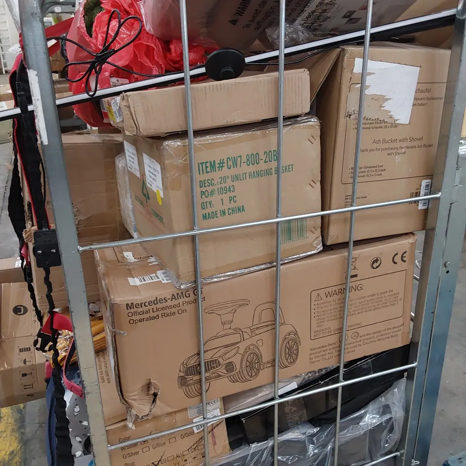 CAGE OF ASSORTED HOUSEHOLD ITEMS, INCLUDING, METCEDES AMG RIDE ON TOY CAR, UNLIT HANGING BASKET, ASH BUCKET WITH SHOVEL, AIR TOWER FAN,