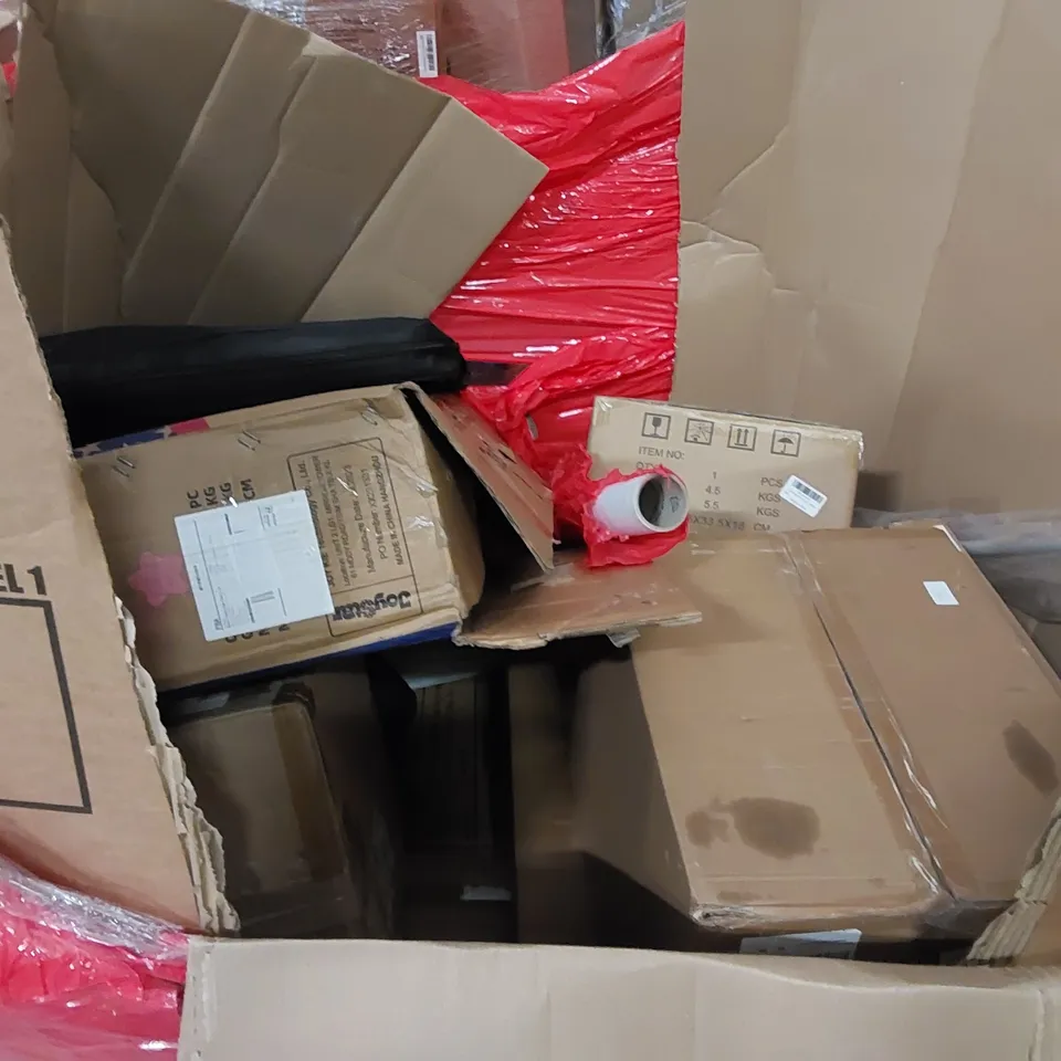 PALLET TO CONTAIN ASSORTED HOUSEHOLD ITEMS AND CONSUMER PRODUCTS. INCLUDING BASKETBALL SYSTEM, TRAVEL BAG, DISPENSER WITH FLOOR STAND, BOXED FURNITURE ETC