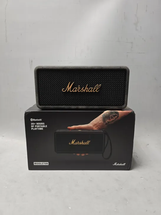 Lot 11: BOXED MARSHALL MIDDLETON PORTABLE SPEAKER BLACK AND BRASS ...