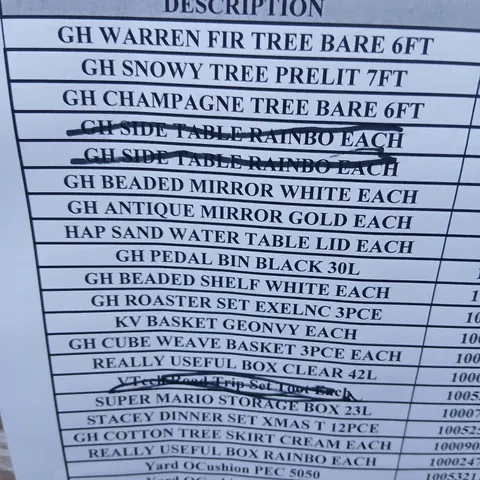 PALLET OF APPROXIMATELY 15 ASSORTED PRODUCTS TO INCLUDE; WARREN FIR TREE, SNOWY TREE PRE LI, CHAMPAGNE TREE, ANTIQUE MIRROR, REALLY USEFUL BOXES AND STACEY DINNER SET