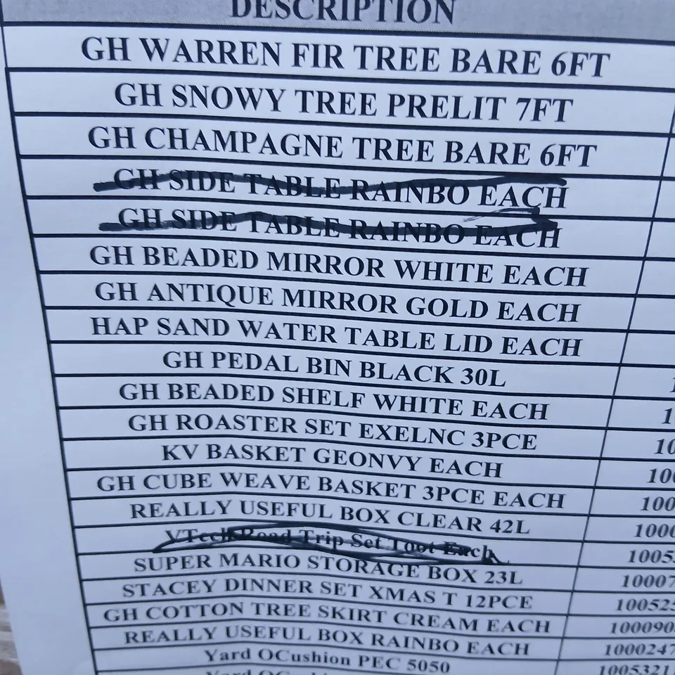 PALLET OF APPROXIMATELY 15 ASSORTED PRODUCTS TO INCLUDE; WARREN FIR TREE, SNOWY TREE PRE LI, CHAMPAGNE TREE, ANTIQUE MIRROR, REALLY USEFUL BOXES AND STACEY DINNER SET