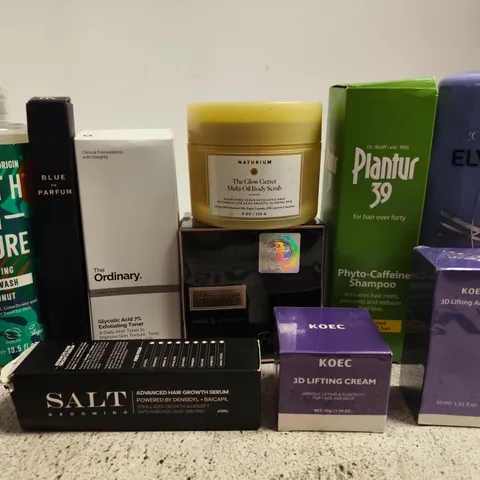 APPROX 12 ASSORTED BEAUTY PRODUCTS TO INCLUDE FAITH IN NATURE BODY WASH, NATURIUM OIL BODY SCRUB, SALT HAIR GROWTH SERUM, ETC 