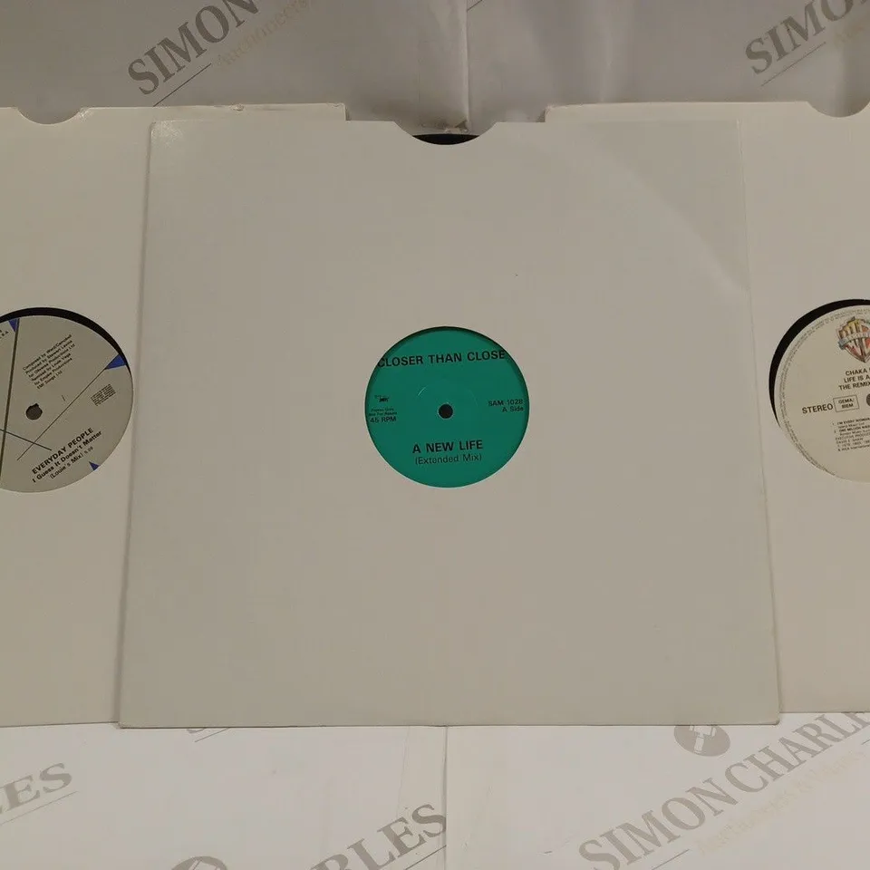 BOX OF 8 ASSORTED RECORDS TO INCLUDE CLOSER THAN CLOSE - A NEW LIFE (EXTENDED MIX), CHAKA KHAN - LIFE IS A DANCE THE REMIX PROJECT, EVERYDAY PEOPLE - I GUESS IT DOESN'T MATTER (LOUIE'S MIX), ETC