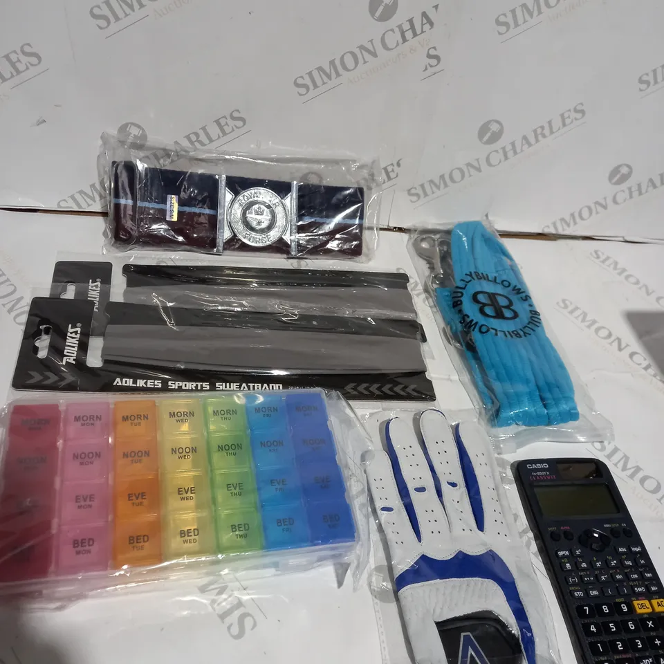 BOX OF ASSORTED ITEMS APPROXIMATELY 20 TO INCLUDE ROYAL AIR FORCE BELT, PILL BOX FOR MEDICATION, SPORT SWEAT BANDS ETC