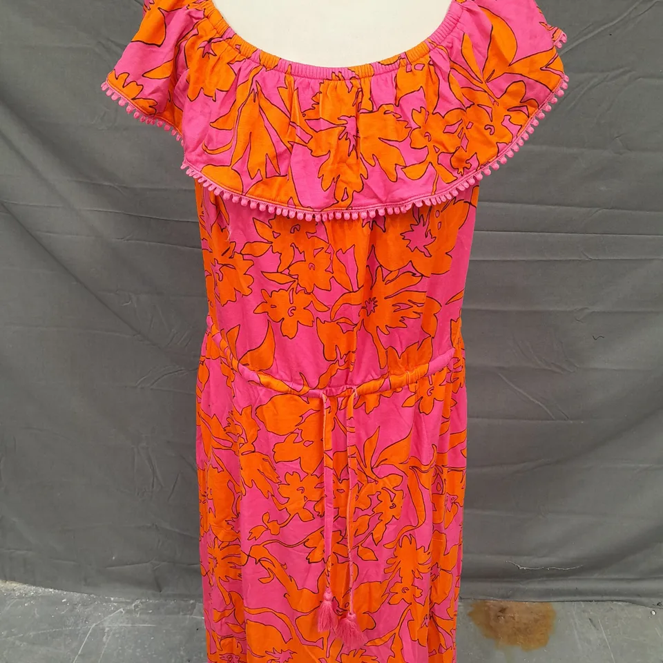 ISAAC MIZRAHI LIVE TIE WAIST ELASTICATED FRILL DRESS IN PINK AND ORANGE FLORAL SIZE L