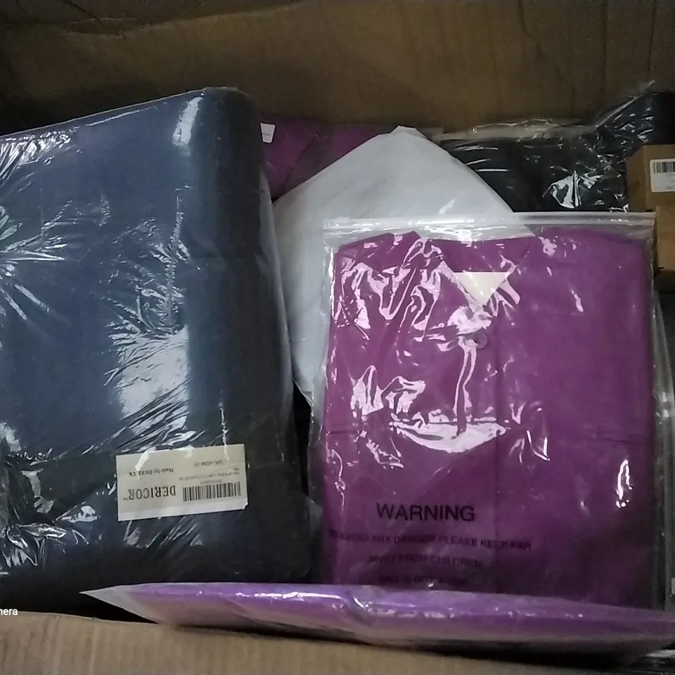 PALLET OF ASSORTED ITEMS INCLUDING SEA TEAM TRANSPARENT BOX, DEZENE CUSHION COVER, BABY SWIMMING FLOAT, COOFANDY MENS SUIT VEST, DERICOR DOG BED 