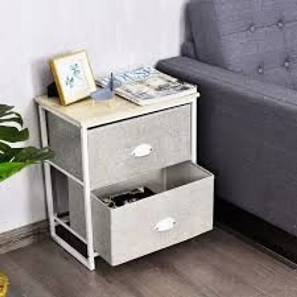 BOXED NIGHTSTAND W/FABRIC DRAWERS, STURDY STEEL FRAME AND WOOD TOP ORGANIZER UNIT - WHITE