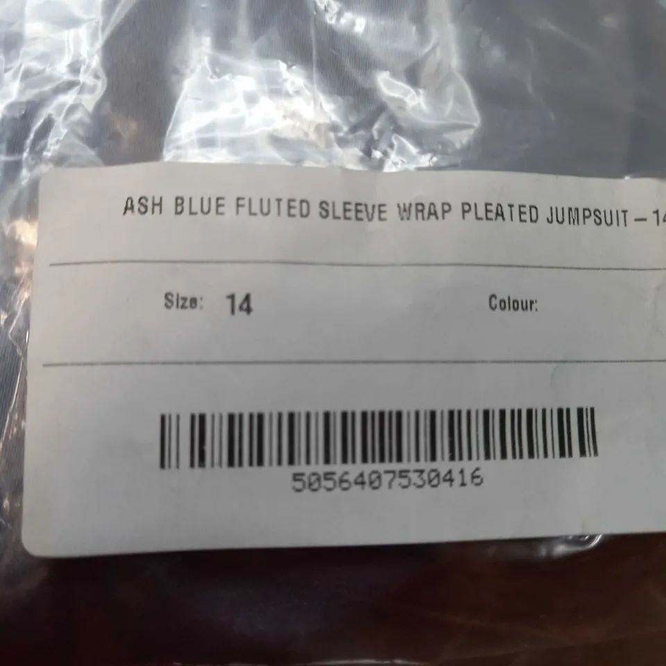 PACKAGED INTHESTYLE ASH BLUE FLUTED SLEEVE WRAP PLEATED JUMPSUIT - SIZE 14