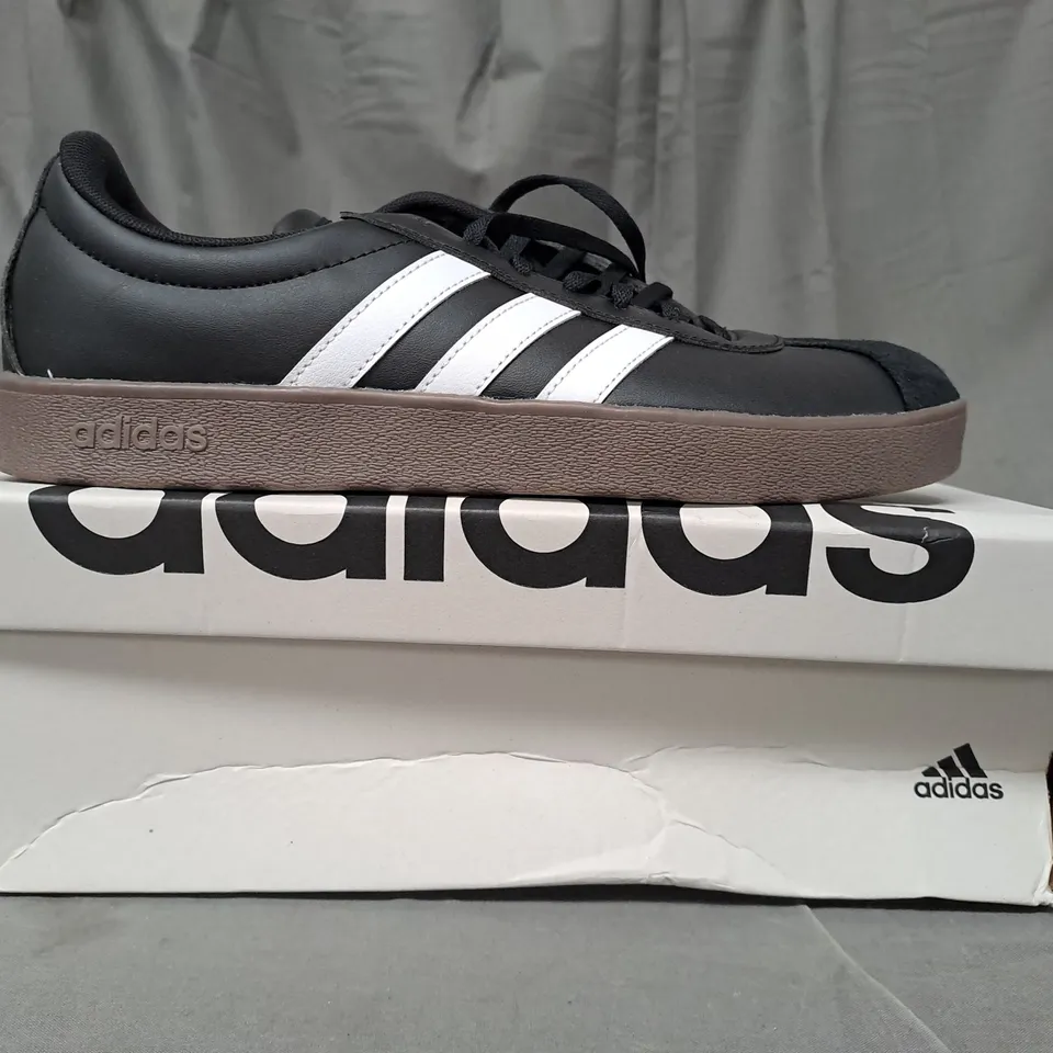 BOXED PAIR OF ADIDAS VL COURT BASE SHOES IN BLACK/WHITE UK SIZE 8