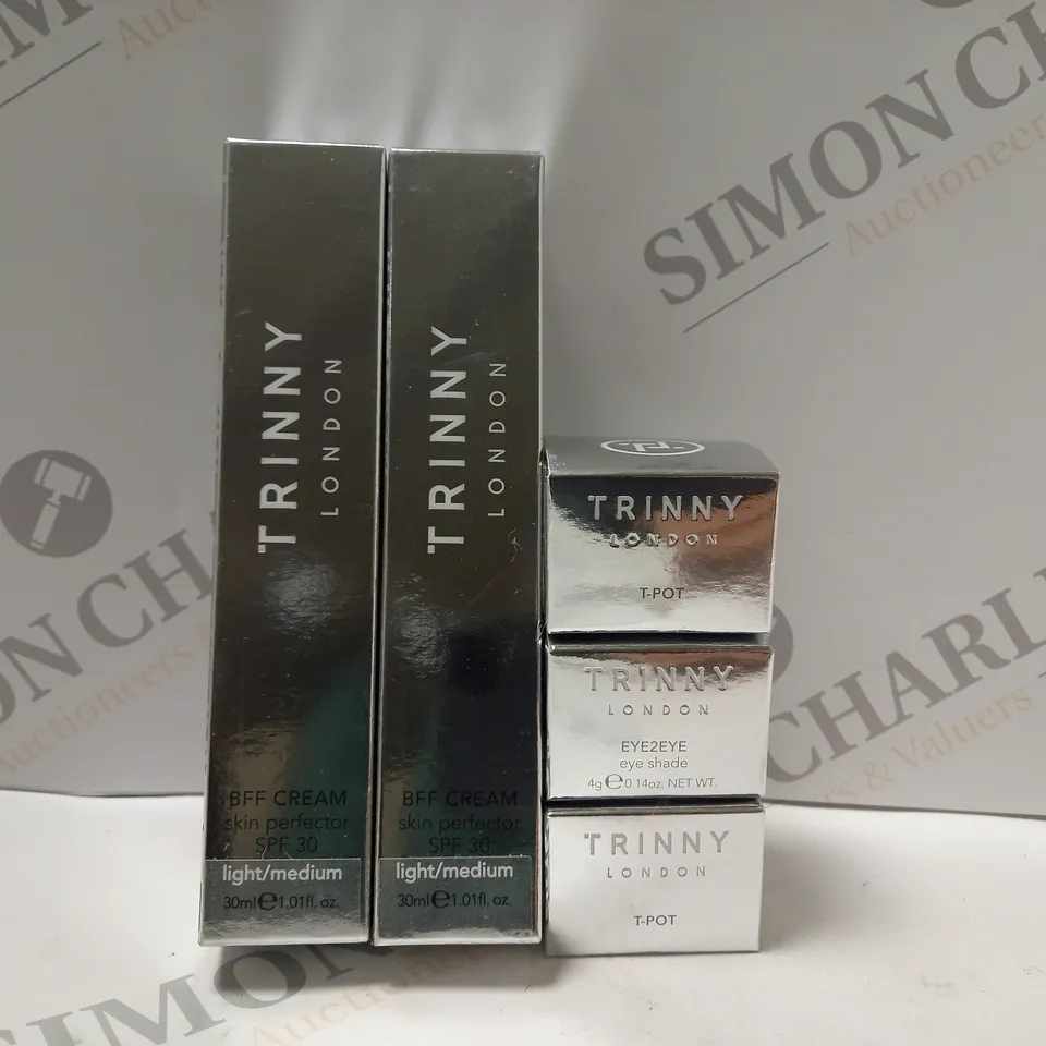 BOX OF 5 ASSORTED TRINNY LONDON PRODUCTS TO INCLUDE BFF CREAM SKIN PERFECTOR #LIGHT/MEDIUM, 2 X T-POT, EYE2EYE SHADE 