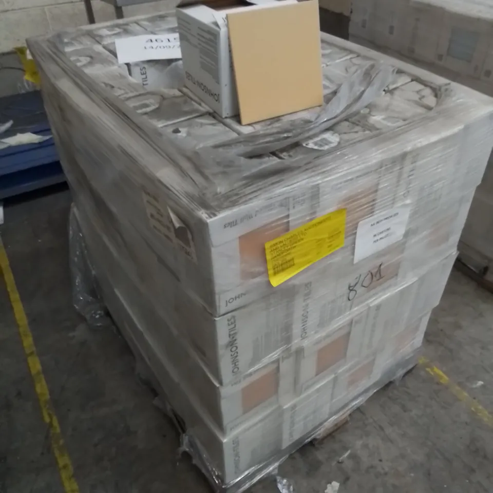 PALLET TO CONTAIN APPROX 96 X PACKS OF JOHNSON BRAND NEW PRISMATIC GLAZED WALL TILES IN PAPAYA SATIN - 25 TILES PER BOX // TILE SIZE: 197 X 197 X 6.5mm