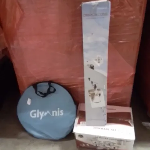 PALLET OF ASSORTED HOUSEHOLD GOODS AND PRODUCTS TO INCLUDE;POPUP TENT,COOKWARE SET,CRUTCHES