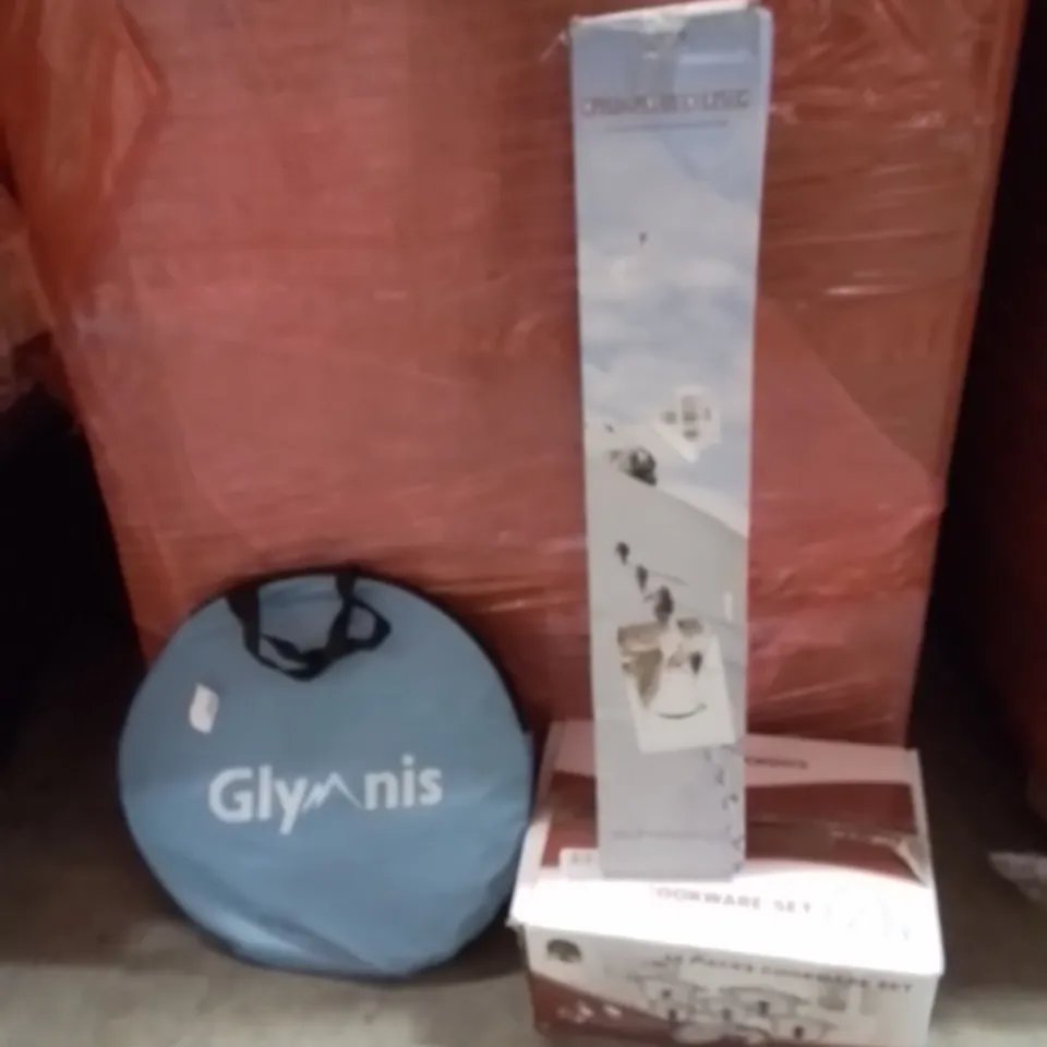 PALLET OF ASSORTED HOUSEHOLD GOODS AND PRODUCTS TO INCLUDE;POPUP TENT,COOKWARE SET,CRUTCHES