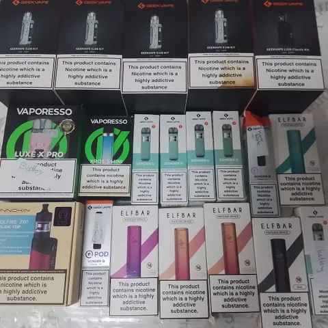 LOT OF ASSORTED E-CIGS AND PARTS TO INCLUDE VAPORETTO, GEEKVAPE AND ELFBAR