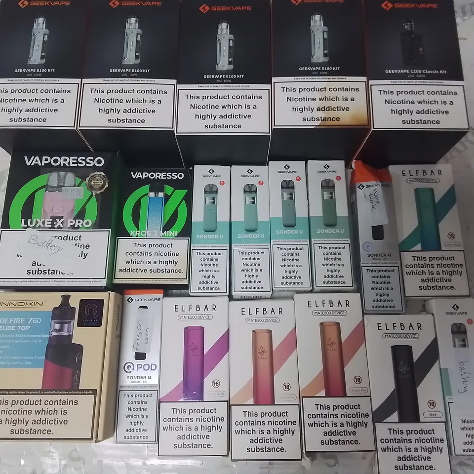 LOT OF ASSORTED E-CIGS AND PARTS TO INCLUDE VAPORETTO, GEEKVAPE AND ELFBAR