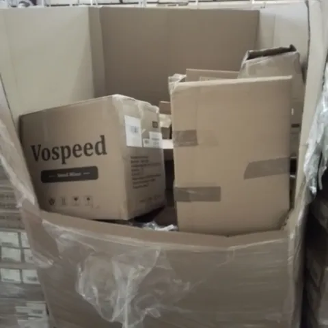 PALLET OF ASSORTED PRODUCTS, INCLUDING, PEDICURE STOOL, VOSPEED STAND MIXER, STANDARD LAMP SHADE, SPIN MOPS, OUTDOOR RUG, INFLATABLE MATTRESS.