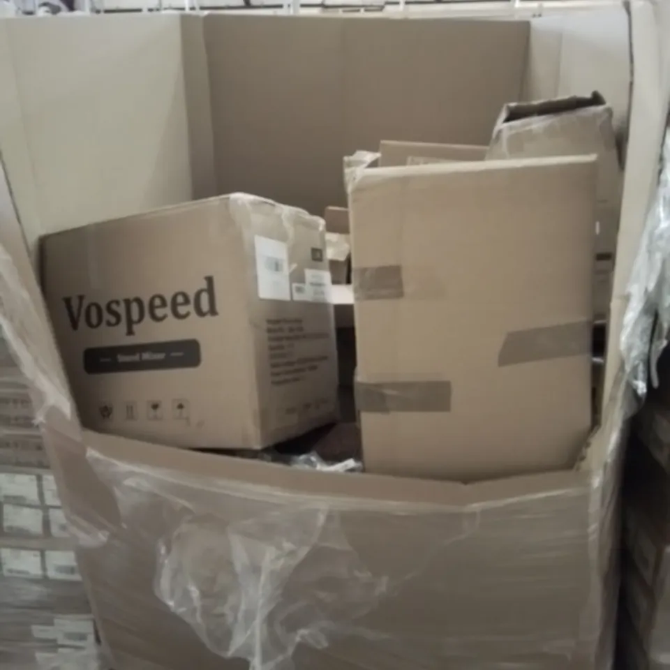 PALLET OF ASSORTED PRODUCTS, INCLUDING, PEDICURE STOOL, VOSPEED STAND MIXER, STANDARD LAMP SHADE, SPIN MOPS, OUTDOOR RUG, INFLATABLE MATTRESS.