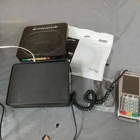 ASSORTED BOX OF ELECTRICAL ITEMS INCLUDES, WIFI ROUTERS, CHIP AND PIN MACHINES , HDMI CABLE ECT