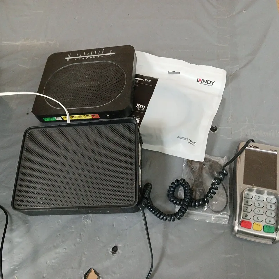 ASSORTED BOX OF ELECTRICAL ITEMS INCLUDES, WIFI ROUTERS, CHIP AND PIN MACHINES , HDMI CABLE ECT