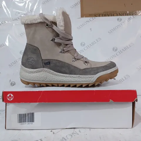 BOXED PAIR OF RIEKER WATER RESISTANT HIKING BOOTS, CREAM - SIZE 8