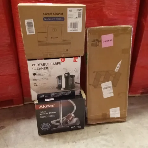 PALLET OF ASSORTED HOUSEHOLD GOODS AND PRODUCTS TO INCLUDE; A LARGE QUANTITY OF WATER SPRAY MOPS, CARPET CLEANER, VACUUM CLEANER, FOLDING CAMPING COT, BOXED FURNITURE ETC