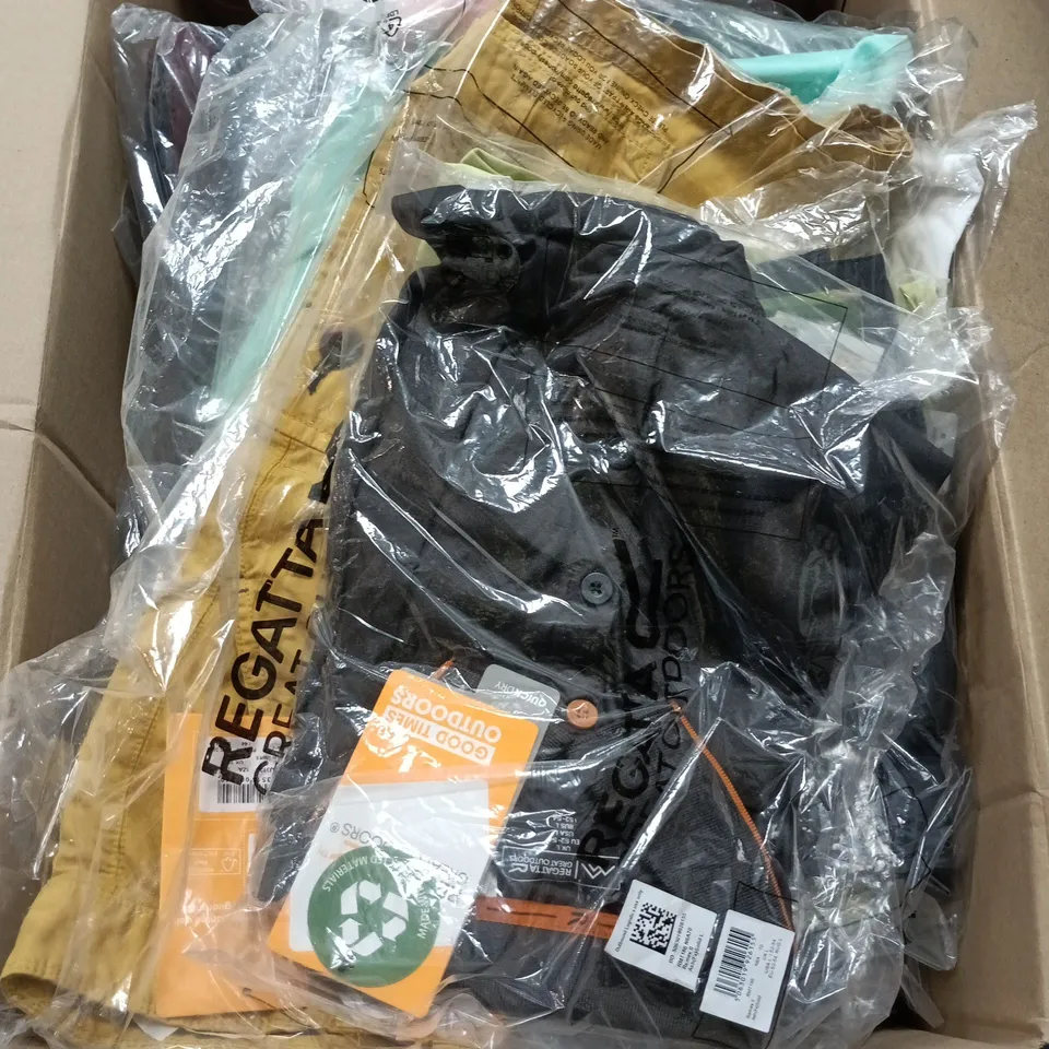 BOX OF APPROXIMATELY 38 BRAND NEW ASSORTED REGATTA CLOTHING ITEMS IN VARIOUS STYLES , COLOURS AND SIZES INCLUDING ROMINE COAT , ORIA SUMMER DRESS AND NITHSDALE JUMPER