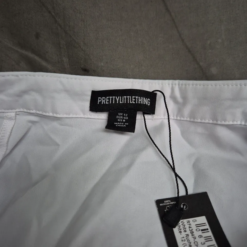 PRETTYLITTLETHING WHITE WRAP-FRONT SHIRT, UK 12 (EU 40, US 8)