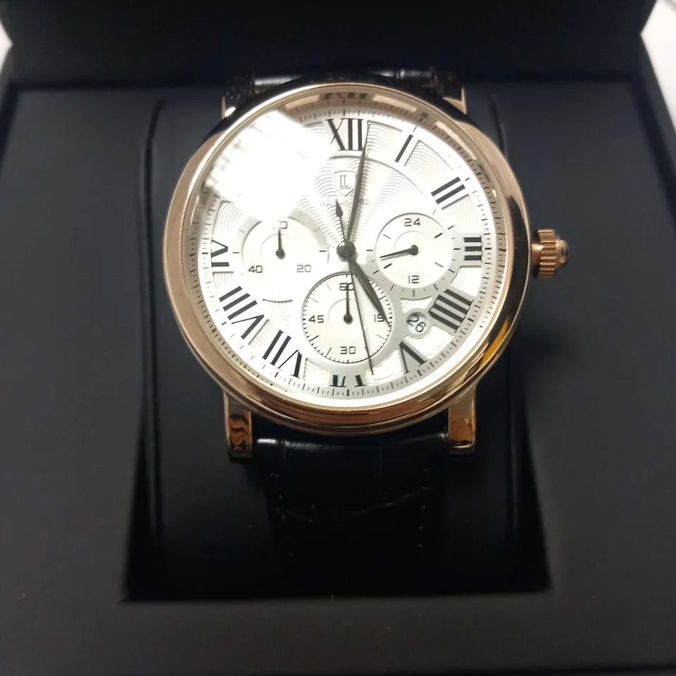 MENS LOUIS LACOMBE CHRONOGRAPH WATCH – MULTI FUNCTION DIAL WITH DATE – ROMAN NUMERAL DIAL – LEATHER STRAP – GIFT BOX – EST £420