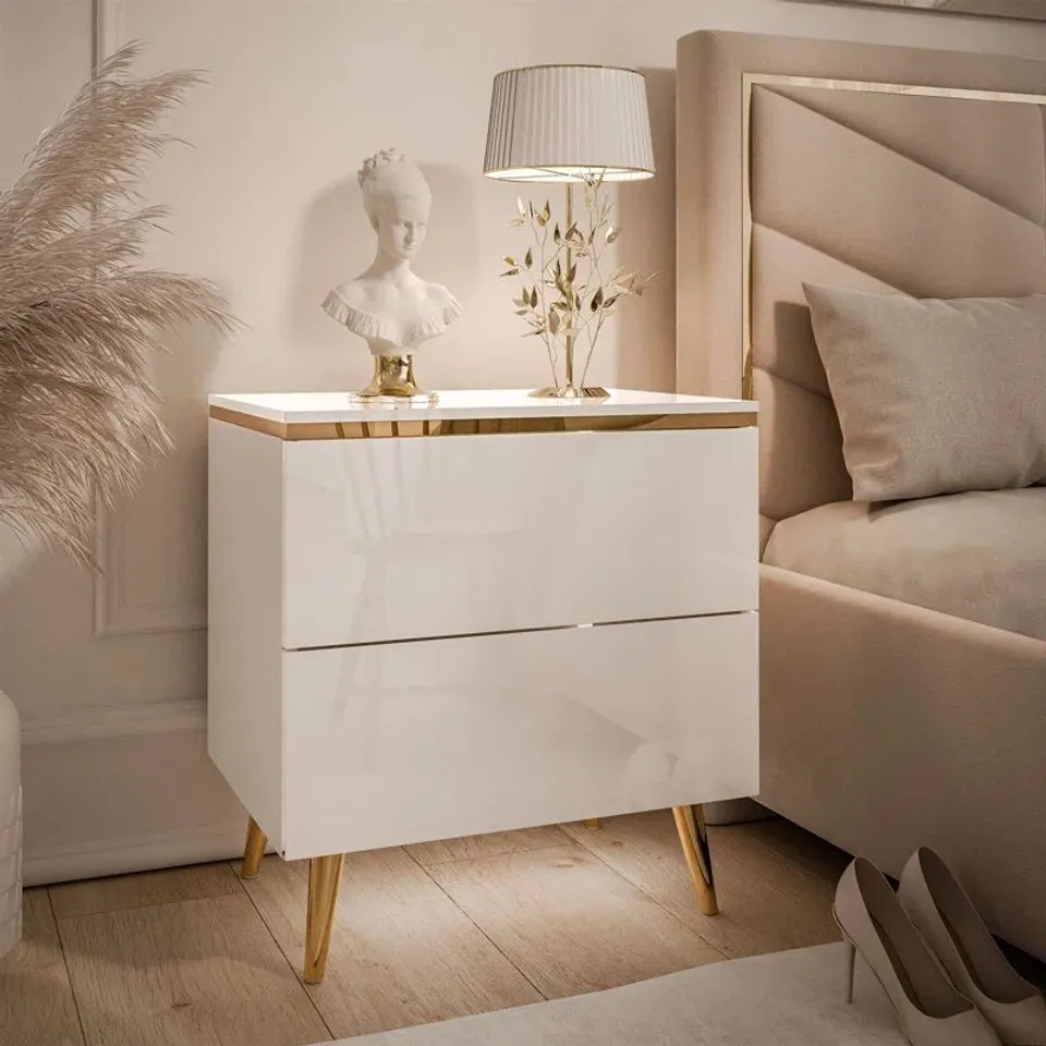 BOXED BEDSIDE TABLE AURORA II WHITE HIGH GLOSS WITH LED LIGHTING