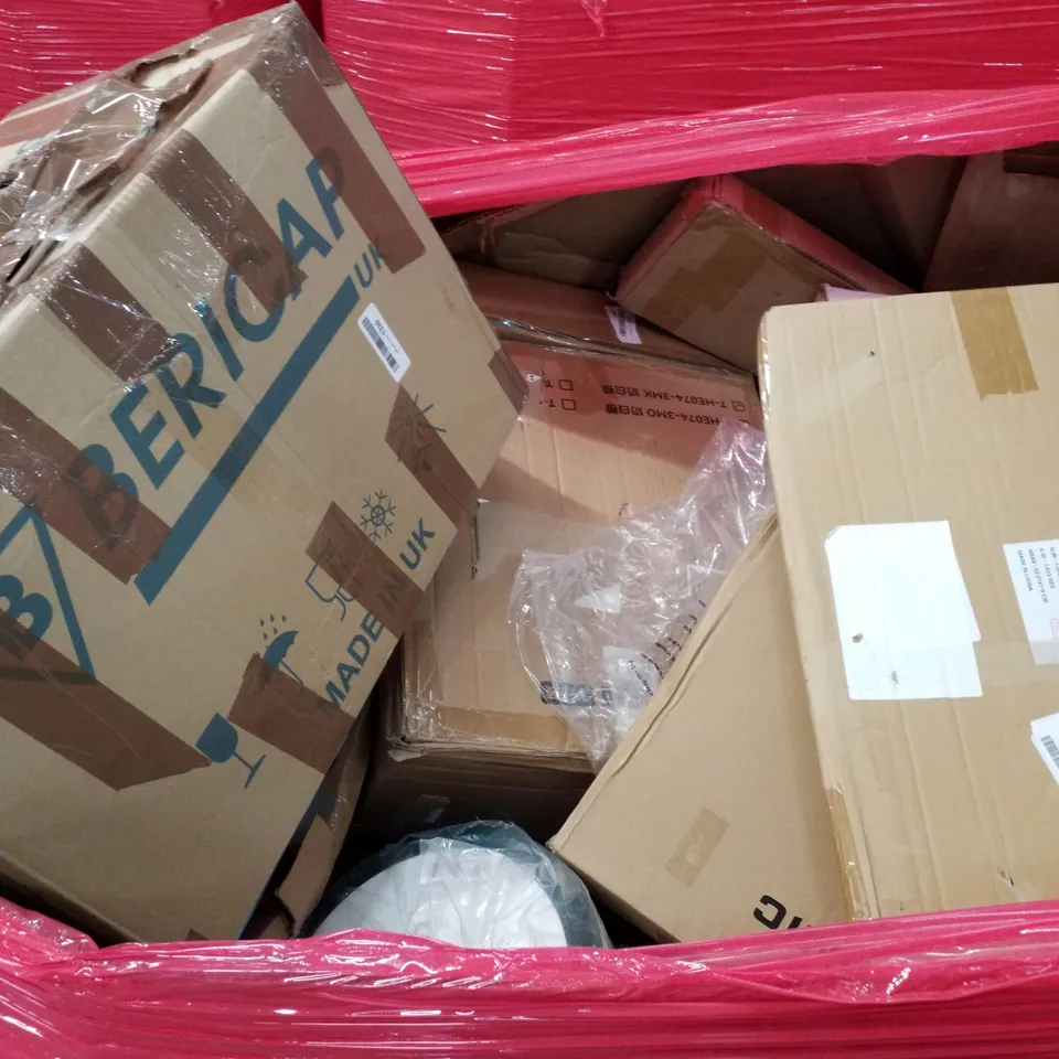 PALLET OF ASSORTED PRODUCTS INCLUDING MULTI-USE RETRACTABLE GATE, TOILET SEAT, TRIPOD EASEL, PLAYPEN, MICROWAVE DISH 