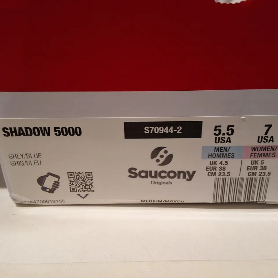 SAUCONY SHADOW 5000 TRAINERS – UK 4.5 (US MEN 5.5 / US WOMEN 7) – GREY/BLUE/ORANGE
