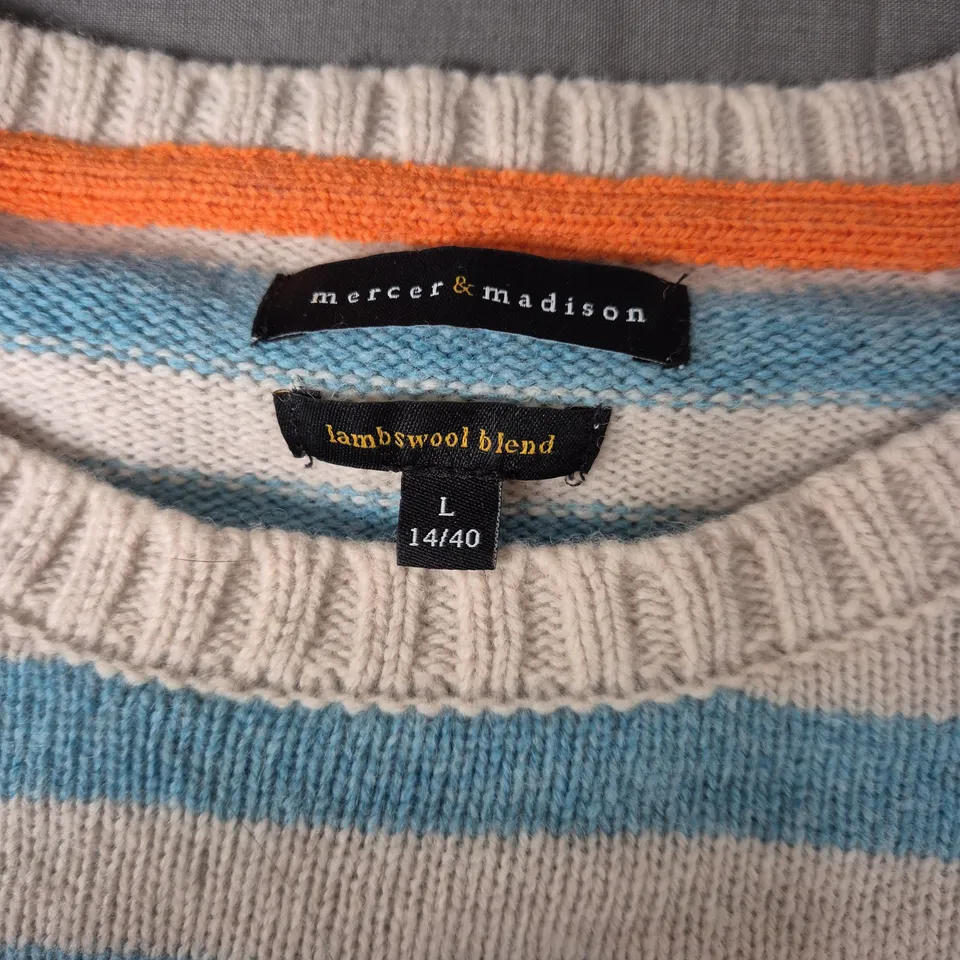 MERCIER & MADISON LAMBSWOOL BLEND SWEATER IN BLUE/WHITE - LARGE