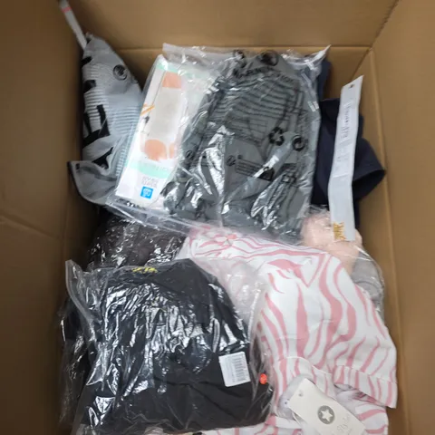 LARGE BOX OF APPROXIMATELY 20 ASSORTED CLOTHING ITEMS IN VARIOUS SIZES, STYLES AND COLOUR