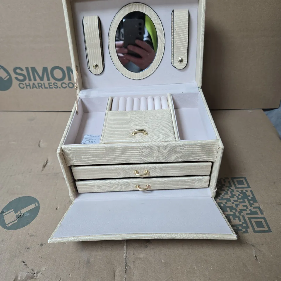 BEIGE CROCODILE-PRINT JEWELLERY BOX WITH MIRROR, RING ROLL AND TWIN DRAWERS BOXED