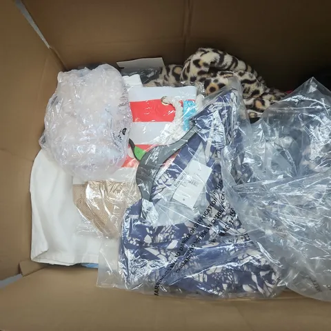 LARGE BOX OF APPROXIMATELY 20 ASSORTED CLOTHING ITEMS IN VARIOUS SIZES, STYLES AND COLOURS