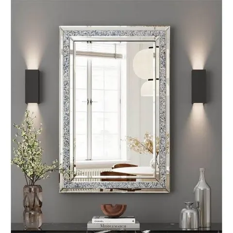 BOXED RECTANGULAR GLASS FLAT WALL MIRROR VENETIAN DIAMOND ACCENT MIRROR 60X80CM