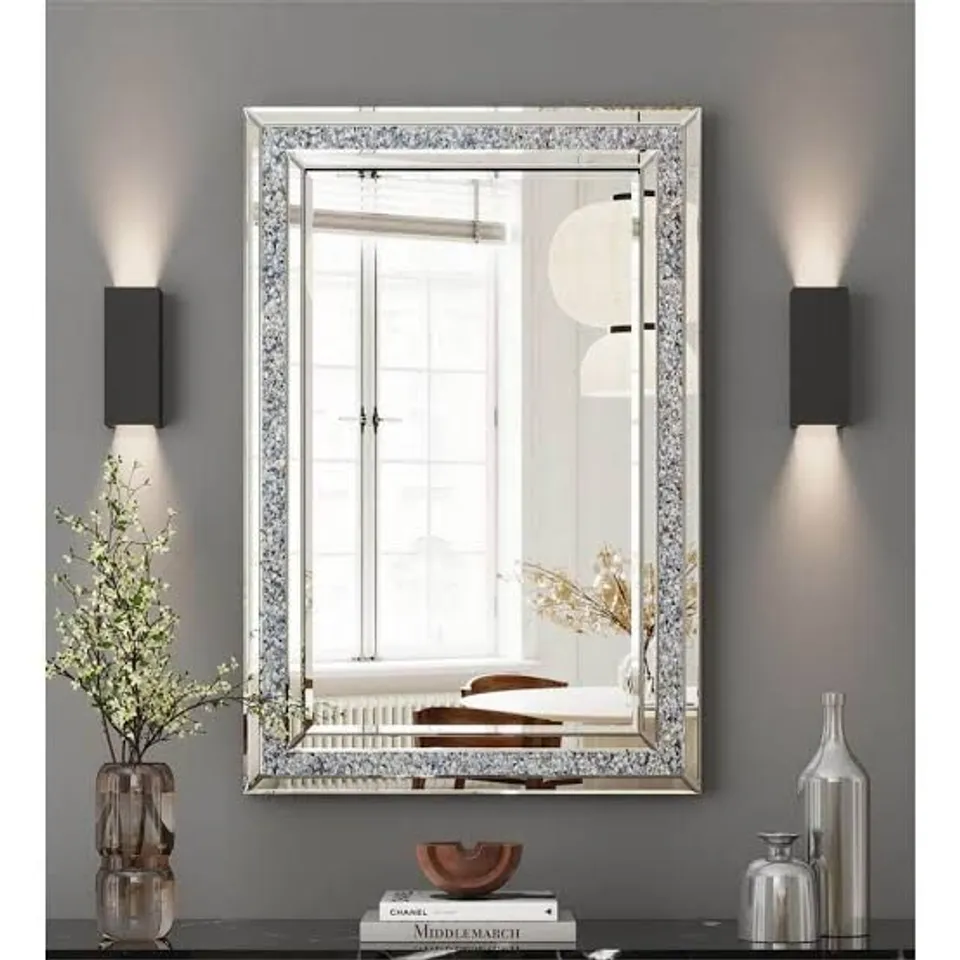 BOXED RECTANGULAR GLASS FLAT WALL MIRROR VENETIAN DIAMOND ACCENT MIRROR 60X80CM
