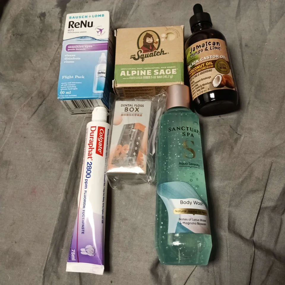 APPROXIMATELY 15 ASSORTED COSMETIC ITEMS TO INCLUDE DR SQUATCH, COLGATE, SANCTUARY SPA BODY WASH, DENTAL FLOSS BOX, BLACK CASTOR OIL, EYE DROPS ETC