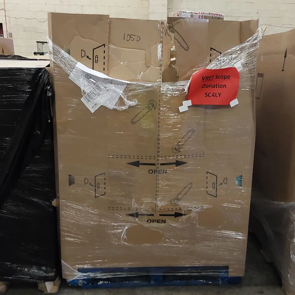 PALLET OF ASSORTED ITEMS INCLUDING: SEASONED SKILLET GRILL, FLOOR MOP, BATHROOM CABINET, CRIPS, TOILET SEAT