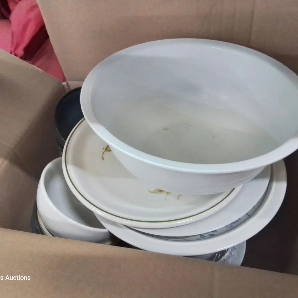 WICKER BREAD BASKET & 2 BIXES OF ASSORTED CROCKERY & CATERING SUNDRIES